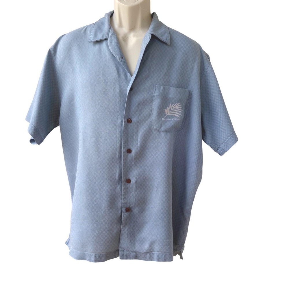 Ocean Pacific Mens Large Blue Hawaiian Shirt Island Plantation Camp Rayon Cotton